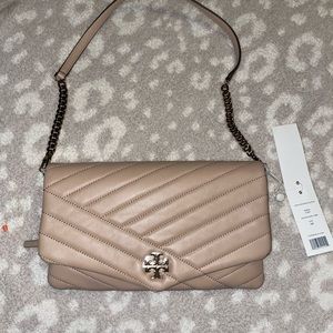 New Tory Burch sand/nude Kira chevron shoulder bag.